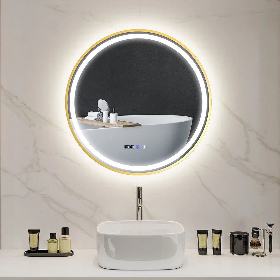 Luxore 800mm Round LED Mirror – Gold Frame, Front & Backlit, Tri - Colour Dimmable Light, Demister, Time & Temp Display, IP44 - TILES Paradise