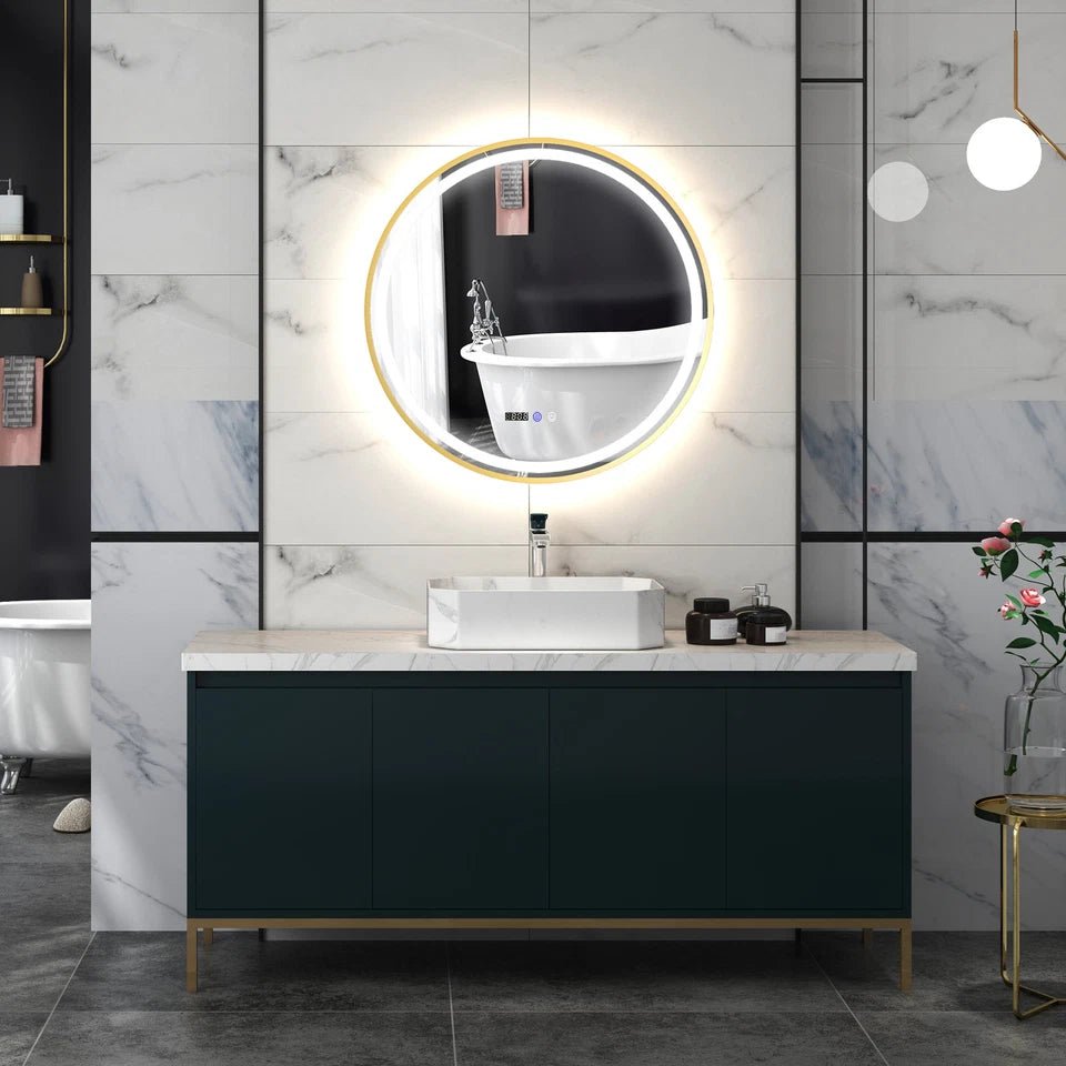 Luxore 800mm Round LED Mirror – Gold Frame, Front & Backlit, Tri - Colour Dimmable Light, Demister, Time & Temp Display, IP44 - TILES Paradise