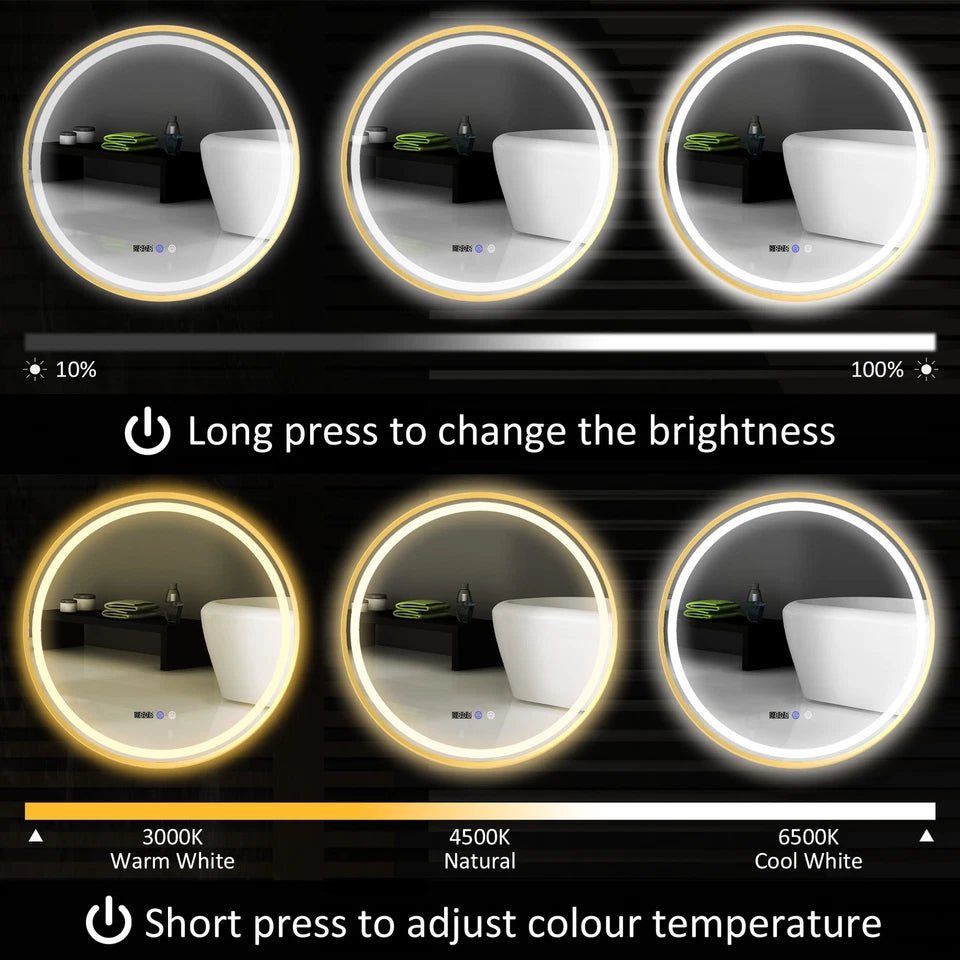 Luxore 800mm Round LED Mirror – Gold Frame, Front & Backlit, Tri - Colour Dimmable Light, Demister, Time & Temp Display, IP44 - TILES Paradise