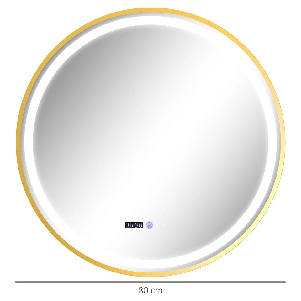 Luxore 800mm Round LED Mirror – Gold Frame, Front & Backlit, Tri - Colour Dimmable Light, Demister, Time & Temp Display, IP44 - TILES Paradise