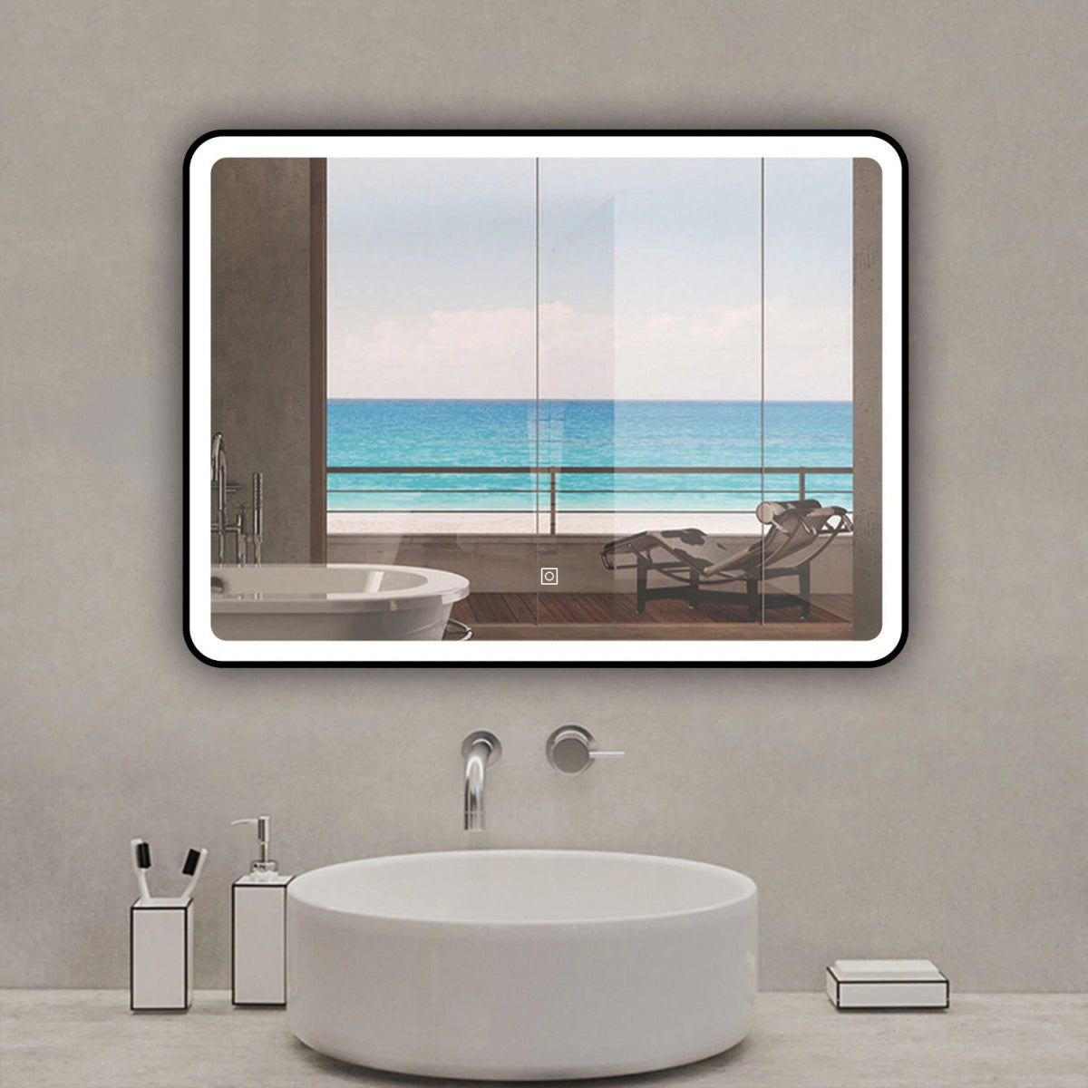 Luxore 900x700mm Black Frame LED Mirror – Tri - Colour Dimmable Light, Touch Control, Demister Pad, Horizontal Mount - TILES Paradise