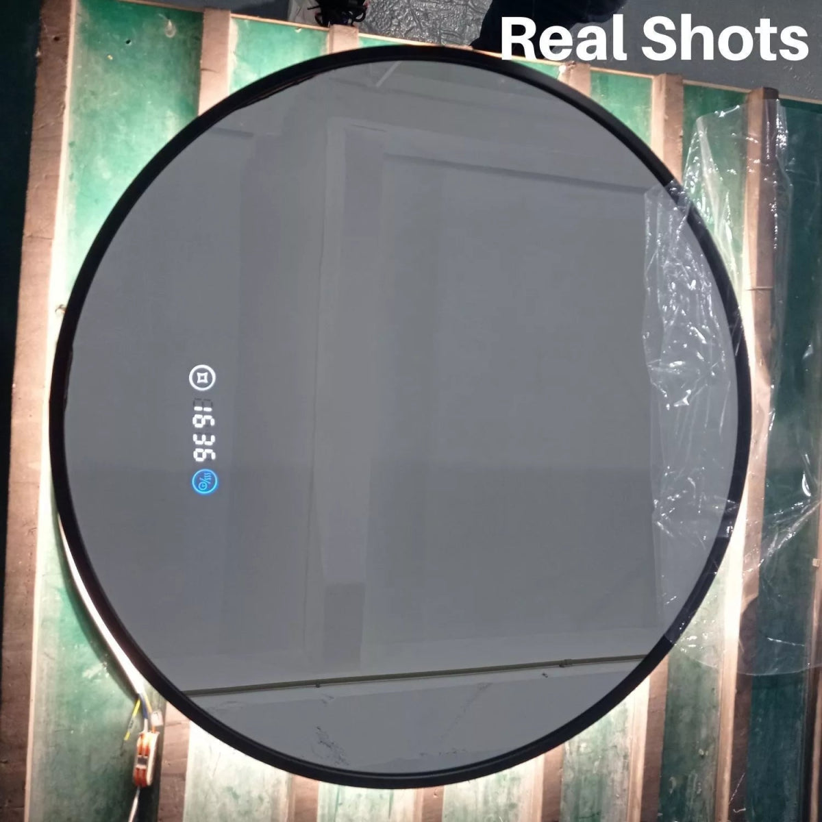 Meykoers 600mm Round LED Mirror – Black Frame, Warm Backlit Light, Demister, Clock, Dimmable Touch Control, IP44 Rated - TILES Paradise