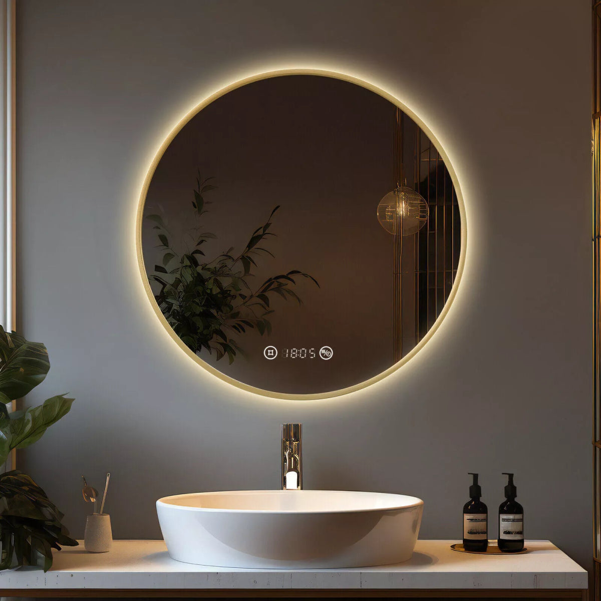 Meykoers 600mm Round LED Mirror – Gold Frame, Warm Backlit Light, Demister, Clock, Dimmable Touch Control, IP44 Rated - TILES Paradise