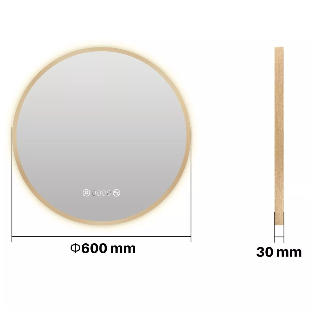 Meykoers 600mm Round LED Mirror – Gold Frame, Warm Backlit Light, Demister, Clock, Dimmable Touch Control, IP44 Rated - TILES Paradise