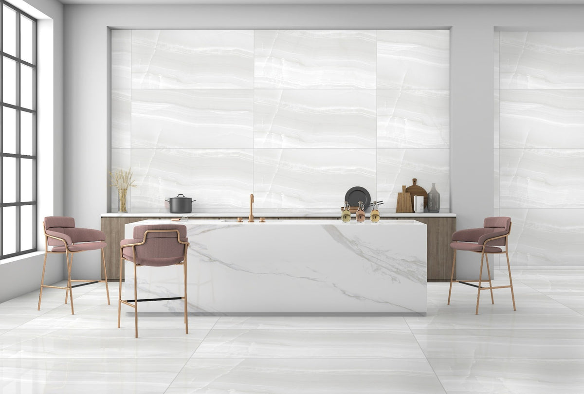 Pallet Deal: 64 Tiles (46 sq.m) Ocean Onyx White Polished Porcelain 60x120cm Wall & Floor Tiles