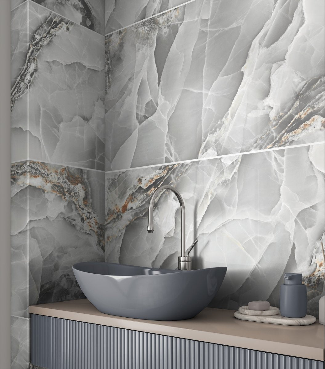 Onyx Light Grey Marble Effect Polished Porcelain 60x120cm Wall and Floor Tile - TILES Paradise
