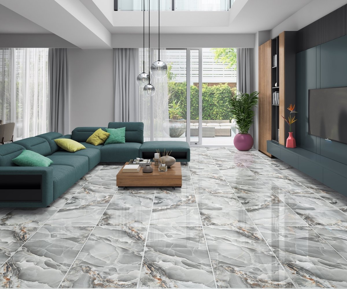 Onyx Light Grey Marble Effect Polished Porcelain 60x120cm Wall and Floor Tile - TILES Paradise