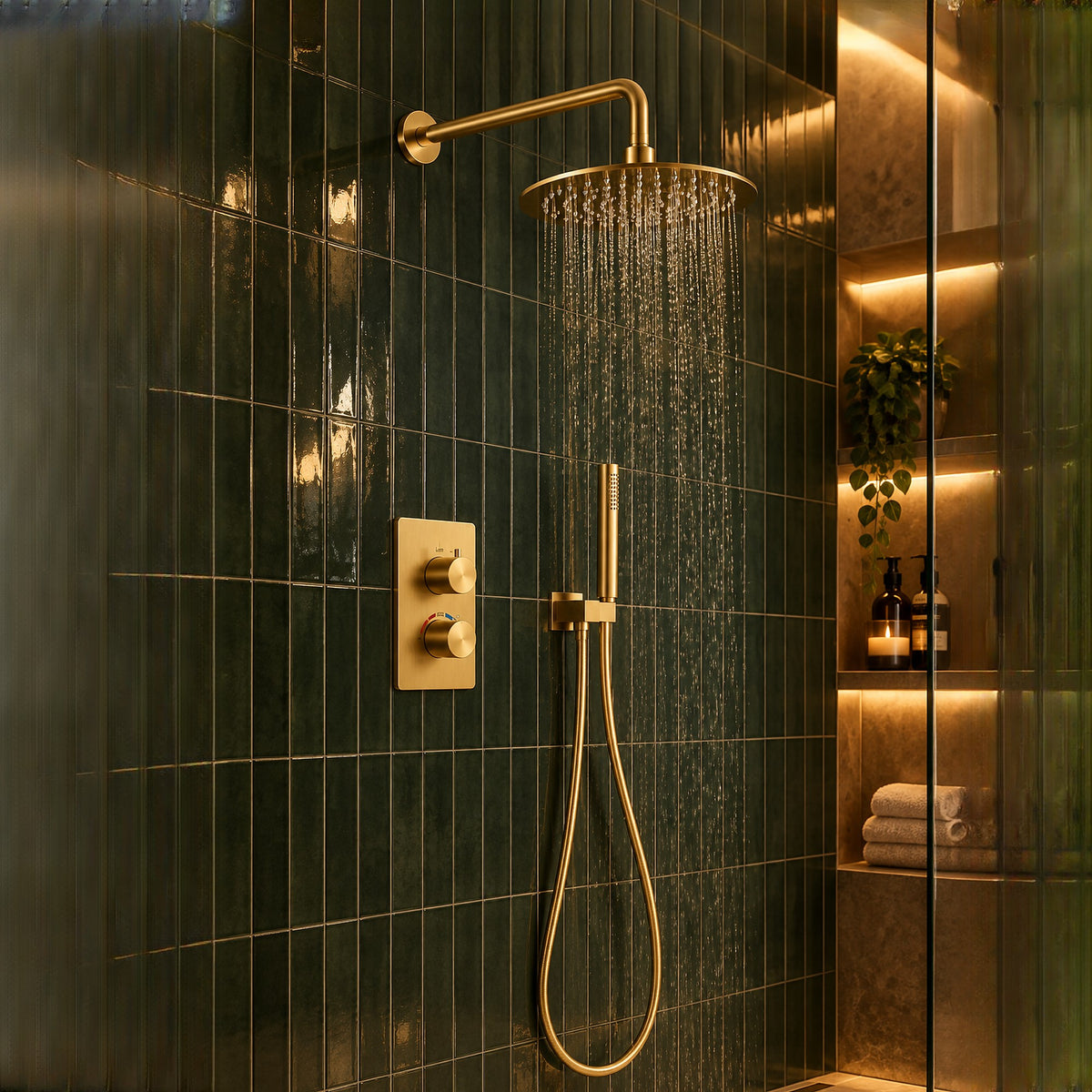 Orbis brushed gold concealed shower set on dark green vertical metro tiles, rainfall head running