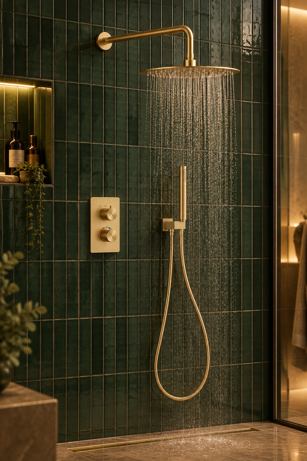 Orbis brushed gold 2 outlet concealed shower set on deep green metro tiles in a bathroom
