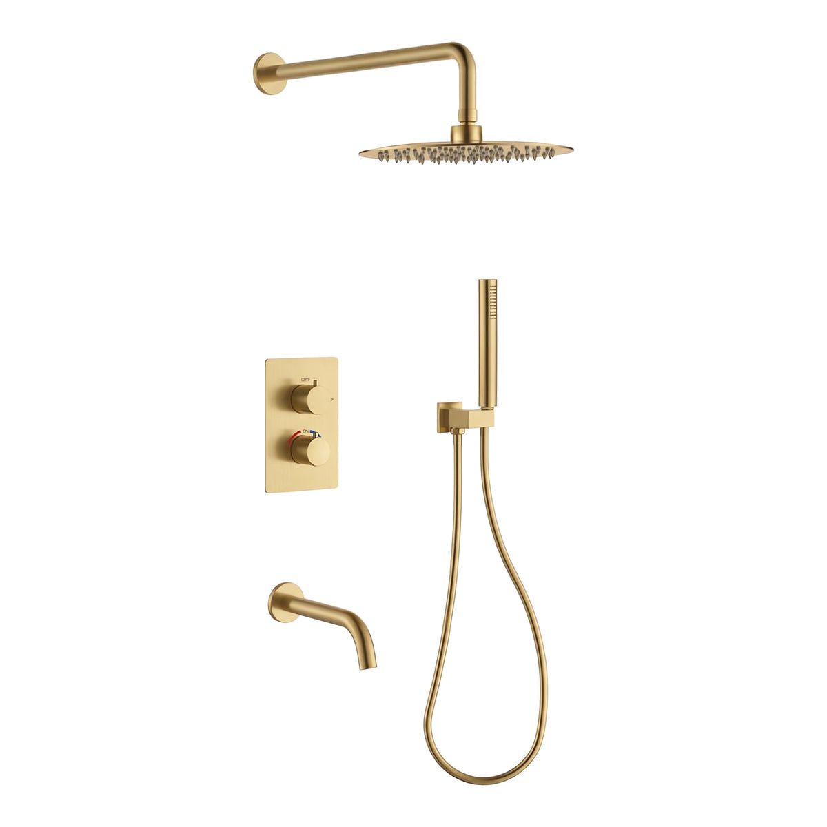 Orbis brushed gold concealed thermostatic shower set with 250mm round rainfall head, pencil handset, bath spout and 3 outlet twin valve