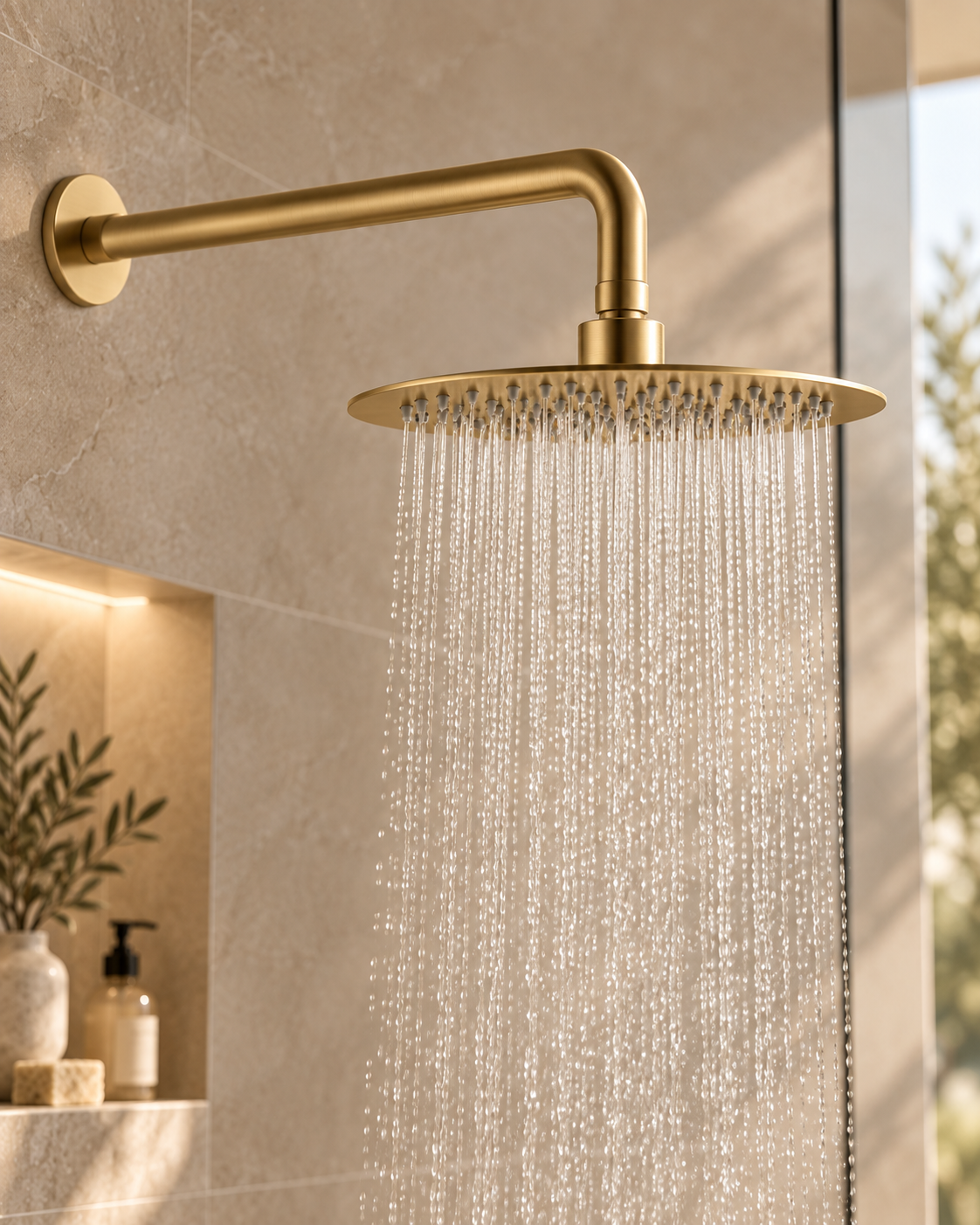 Orbis brushed gold 3 outlet concealed shower set installed in a bathroom