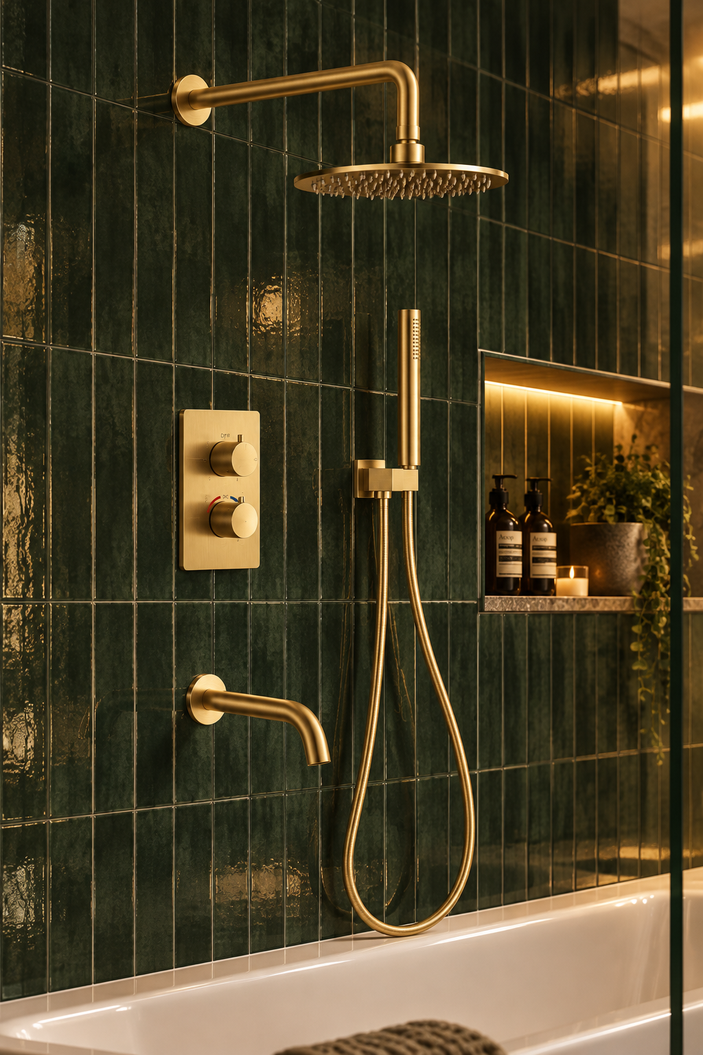 Orbis brushed gold 3 outlet concealed shower set installed in a bathroom, view 8