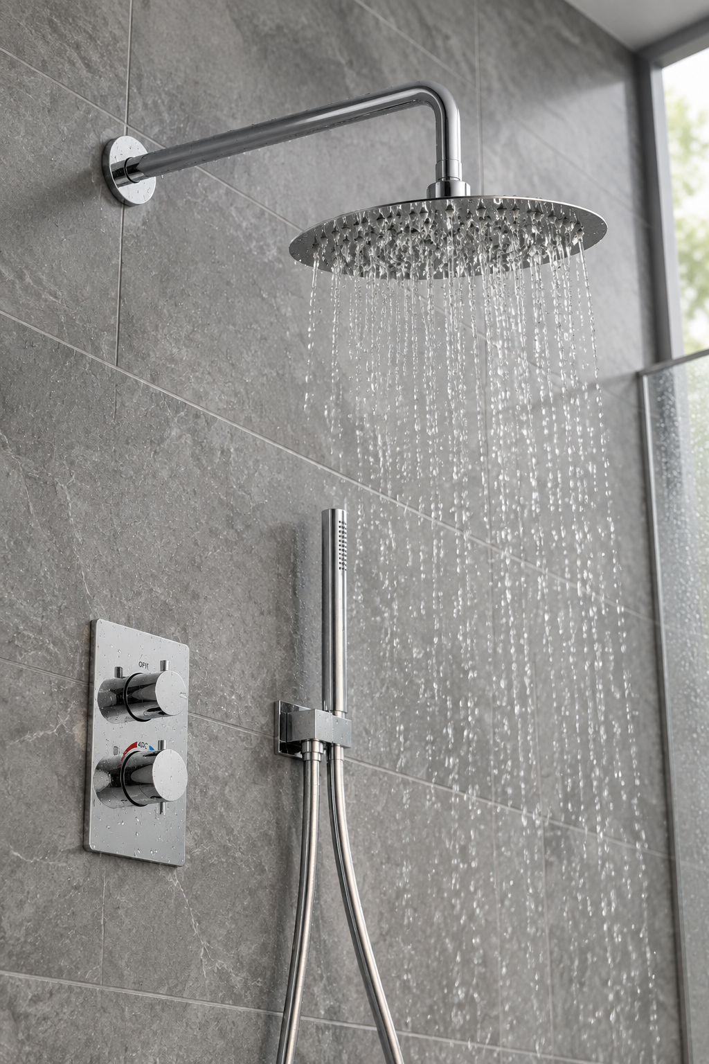 Orbis chrome 2 outlet concealed shower set installed in a bathroom, view 2
