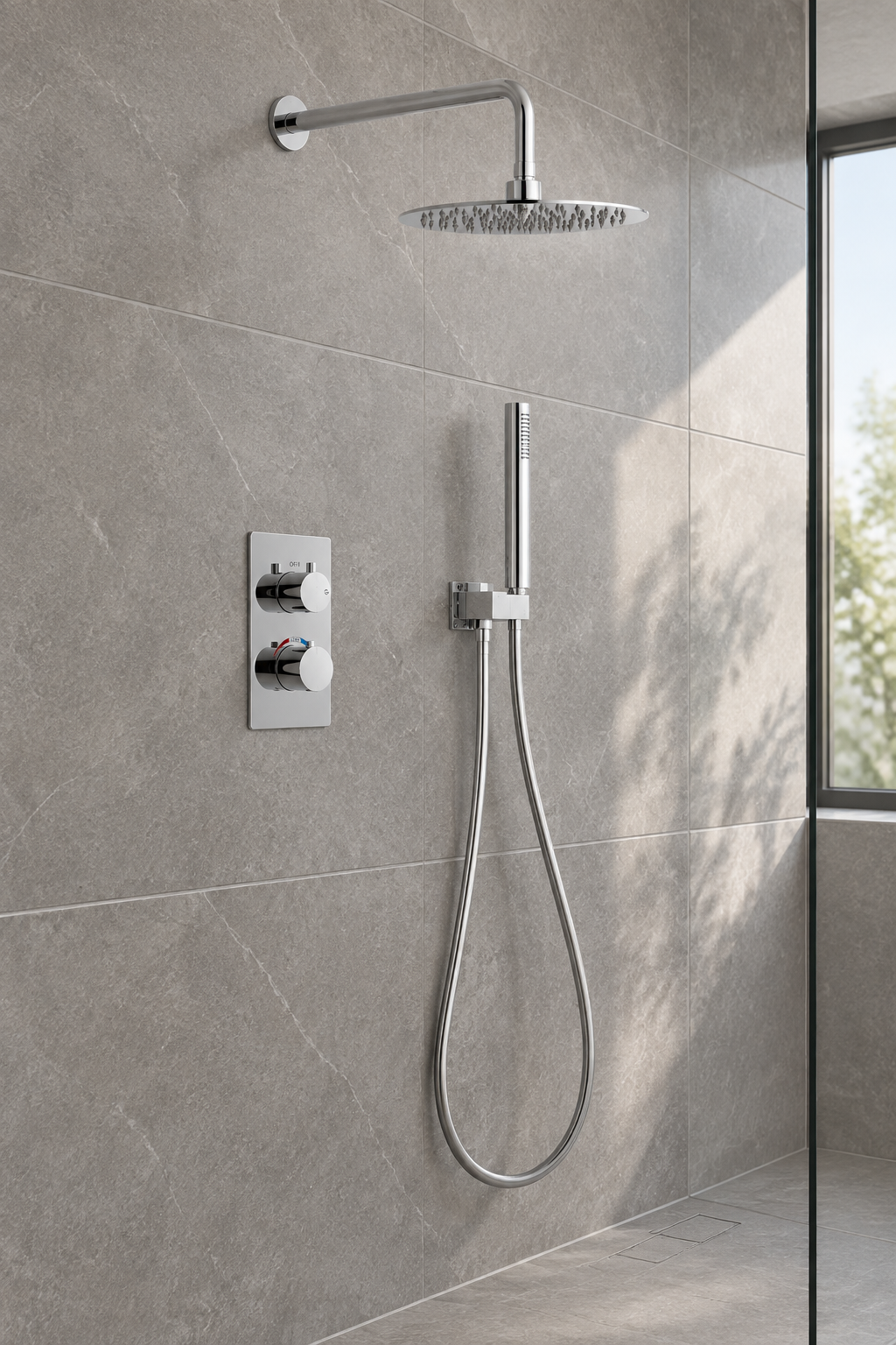 Orbis chrome 2 outlet concealed shower set installed in a bathroom, view 3