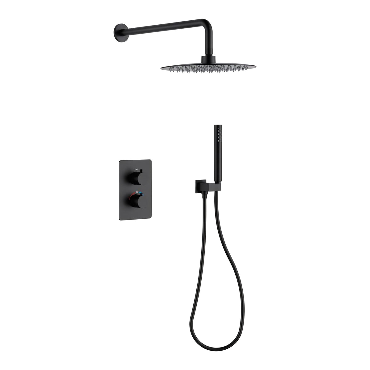 Orbis matt black concealed thermostatic shower set with 250mm round rainfall head, pencil handset and 2 outlet twin valve