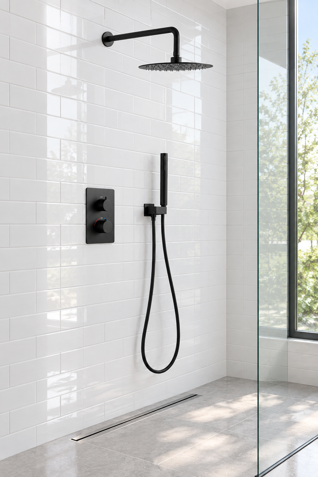 Orbis matt black 2 outlet concealed shower set installed in a bathroom, view 2