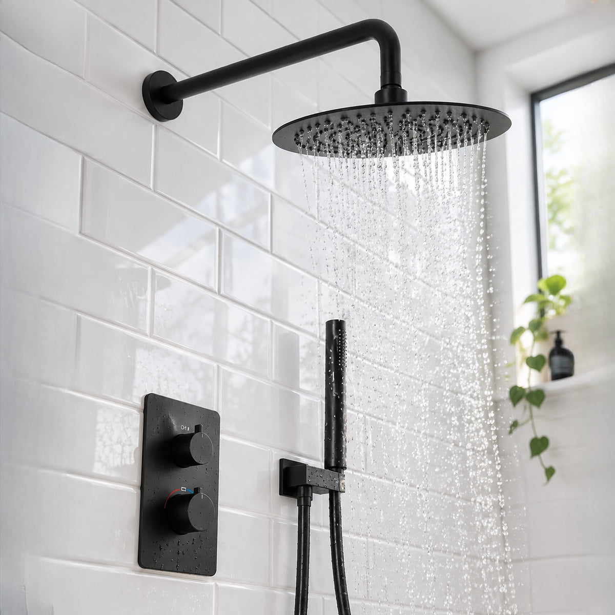 Orbis matt black concealed shower set with round rainfall head running over white metro tiles