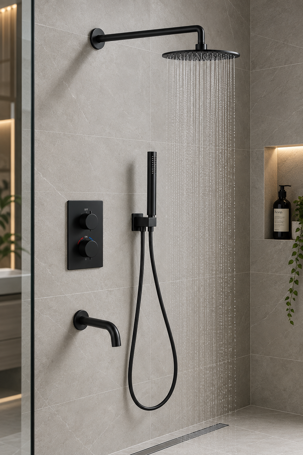Orbis matt black 3 outlet concealed shower set in a minimalist bathroom