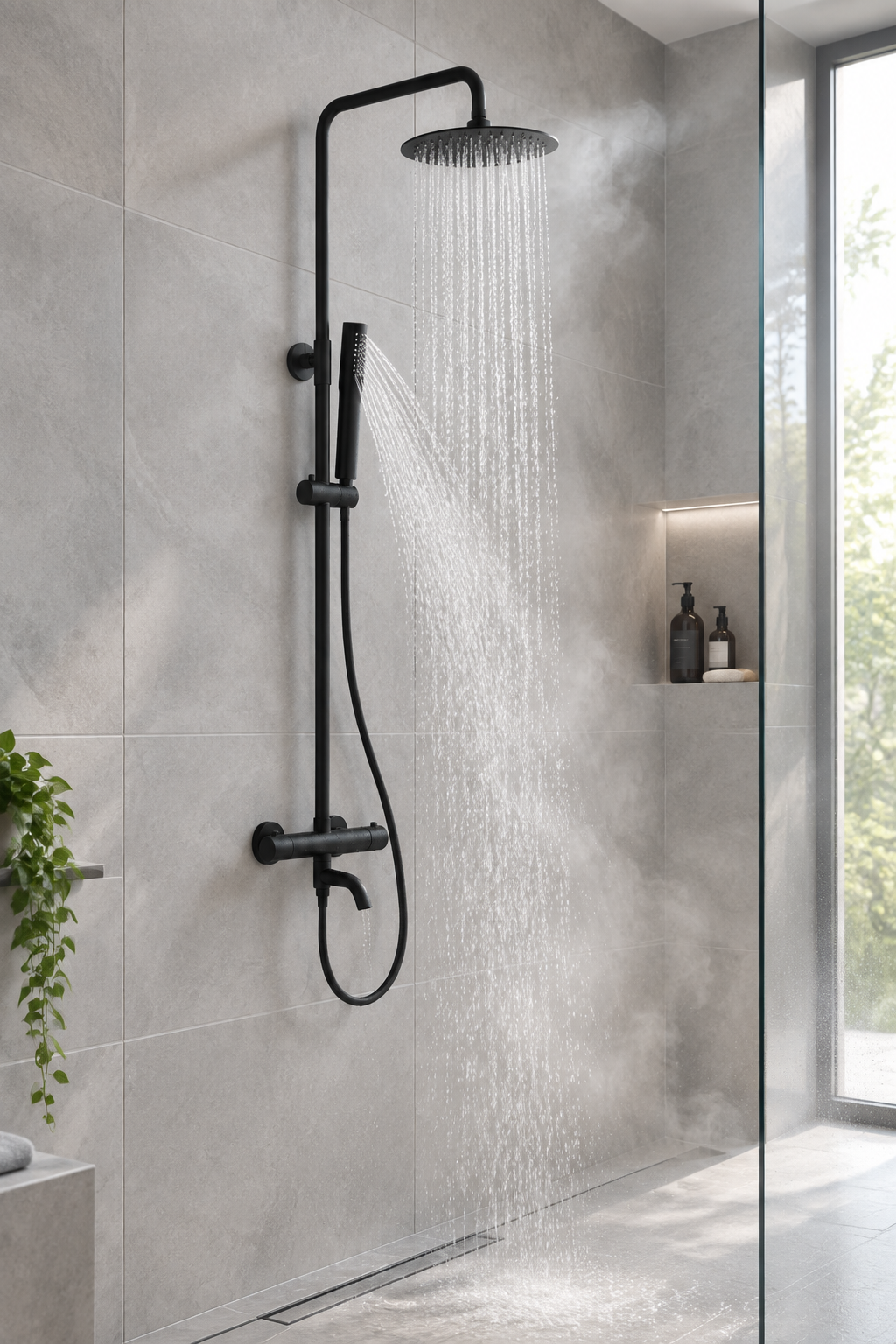 Orbis matt black exposed bath shower mixer installed in a bathroom, view 3