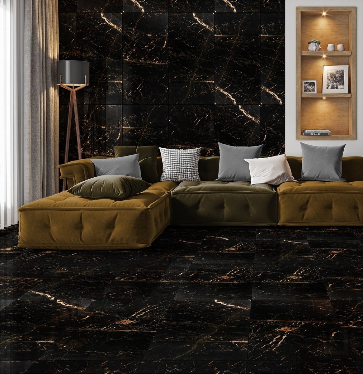 Modern living room interior with Black & Gold Marble Effect Porcelain Tile 60x120cm on wall and floor.