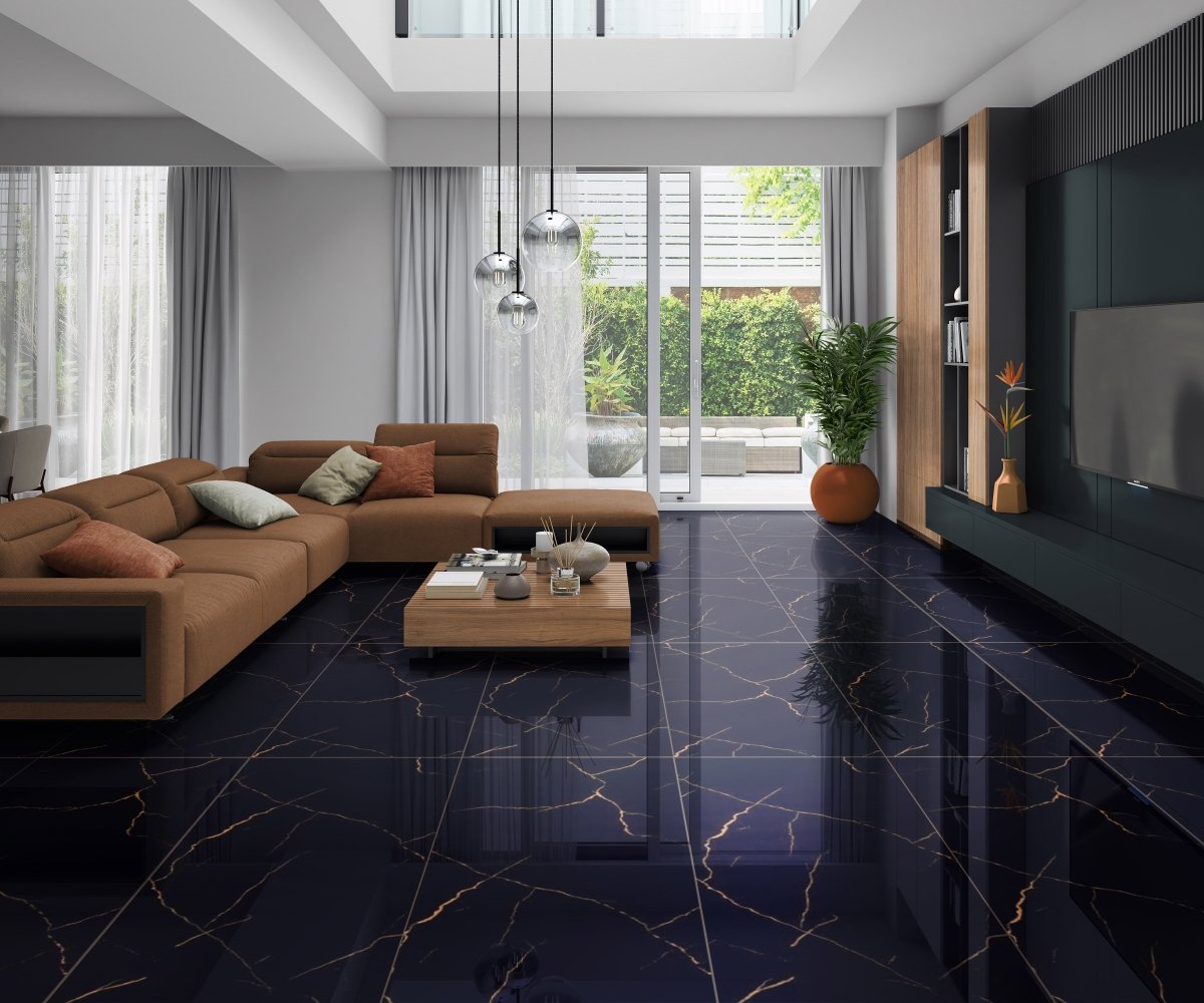 Living room interior featuring Marquina Black & Gold Marble Effect Porcelain Tile 60x120cm polished flooring.