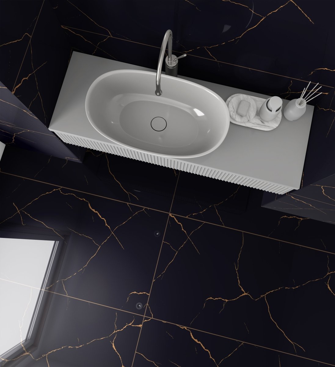 Top view of bathroom vanity with Marquina Black & Gold Marble Effect Porcelain Tile 60x120cm flooring.
