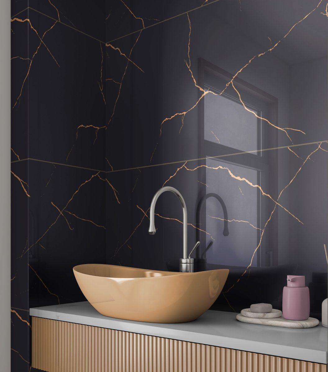 Bathroom vanity with Marquina Black & Gold Marble Effect Porcelain Tile 60x120cm polished wall design.