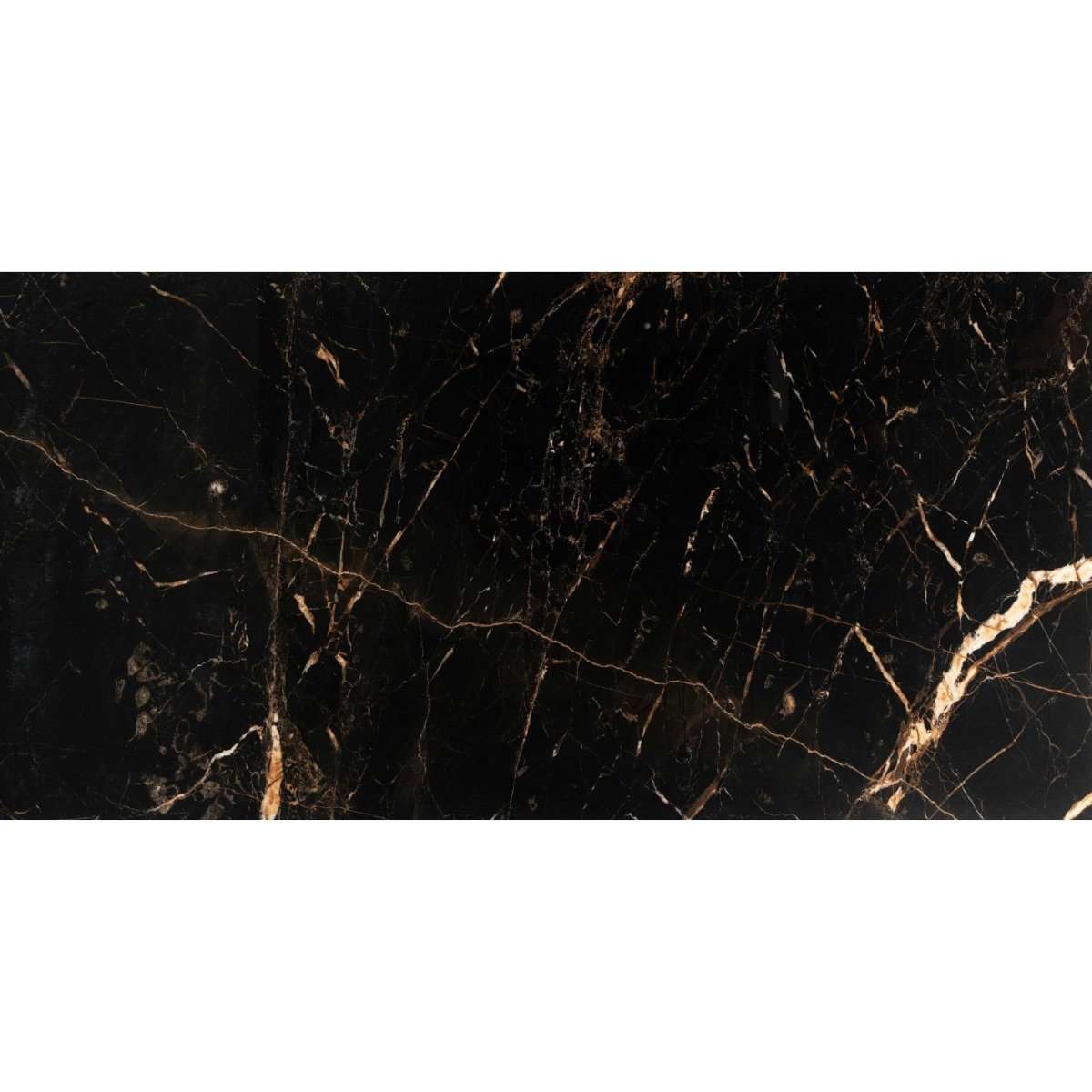 Black & Gold Marble Effect Porcelain Tile 60x120cm with natural golden veins and polished surface texture.