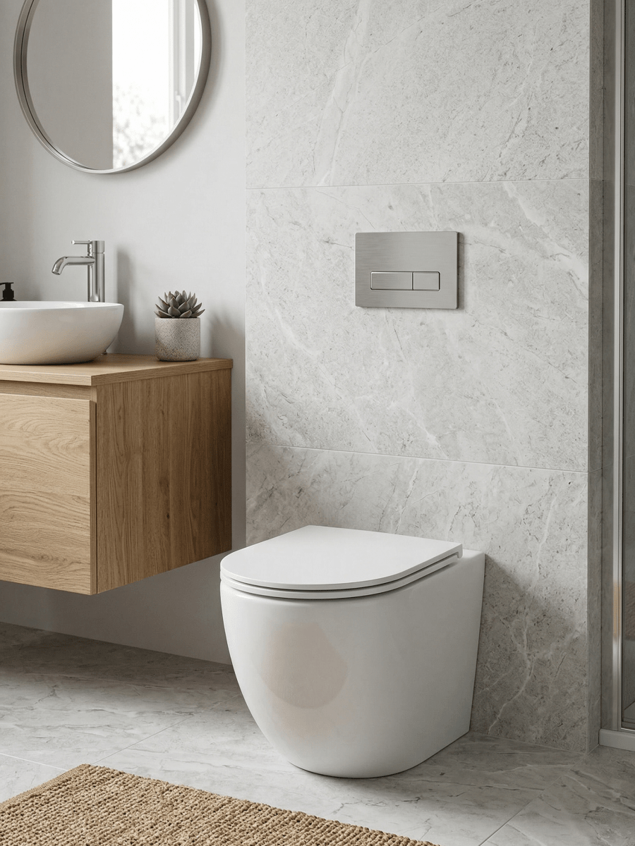 Rimless Back to Wall Toilet Short Projection with Soft Close Seat – VELTOR Range - TILES Paradise