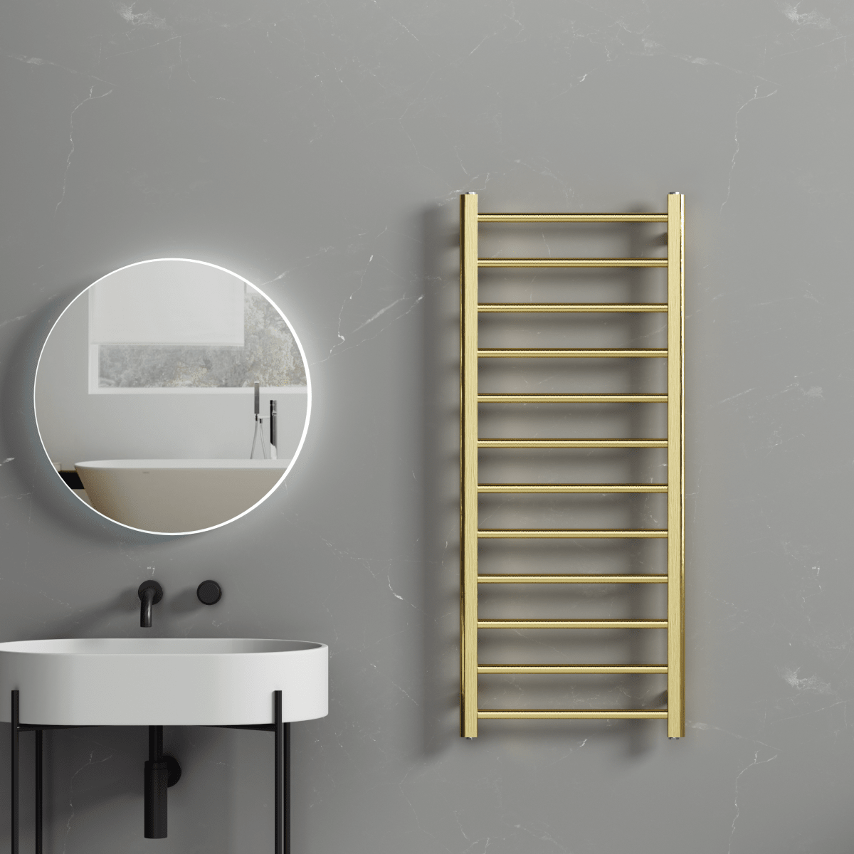Rivena 1200x500mm Brushed Gold Heated Towel Rail – Slimline 12 Bar Ladder Radiator - TILES Paradise