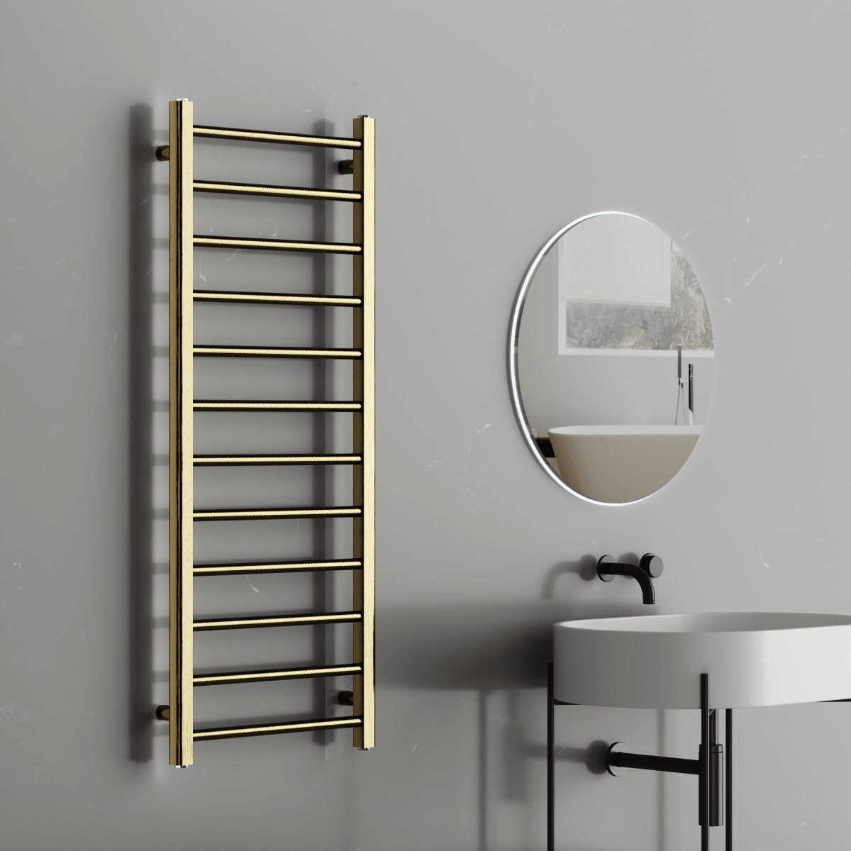 Rivena 1200x500mm Brushed Gold Heated Towel Rail – Slimline 12 Bar Ladder Radiator - TILES Paradise