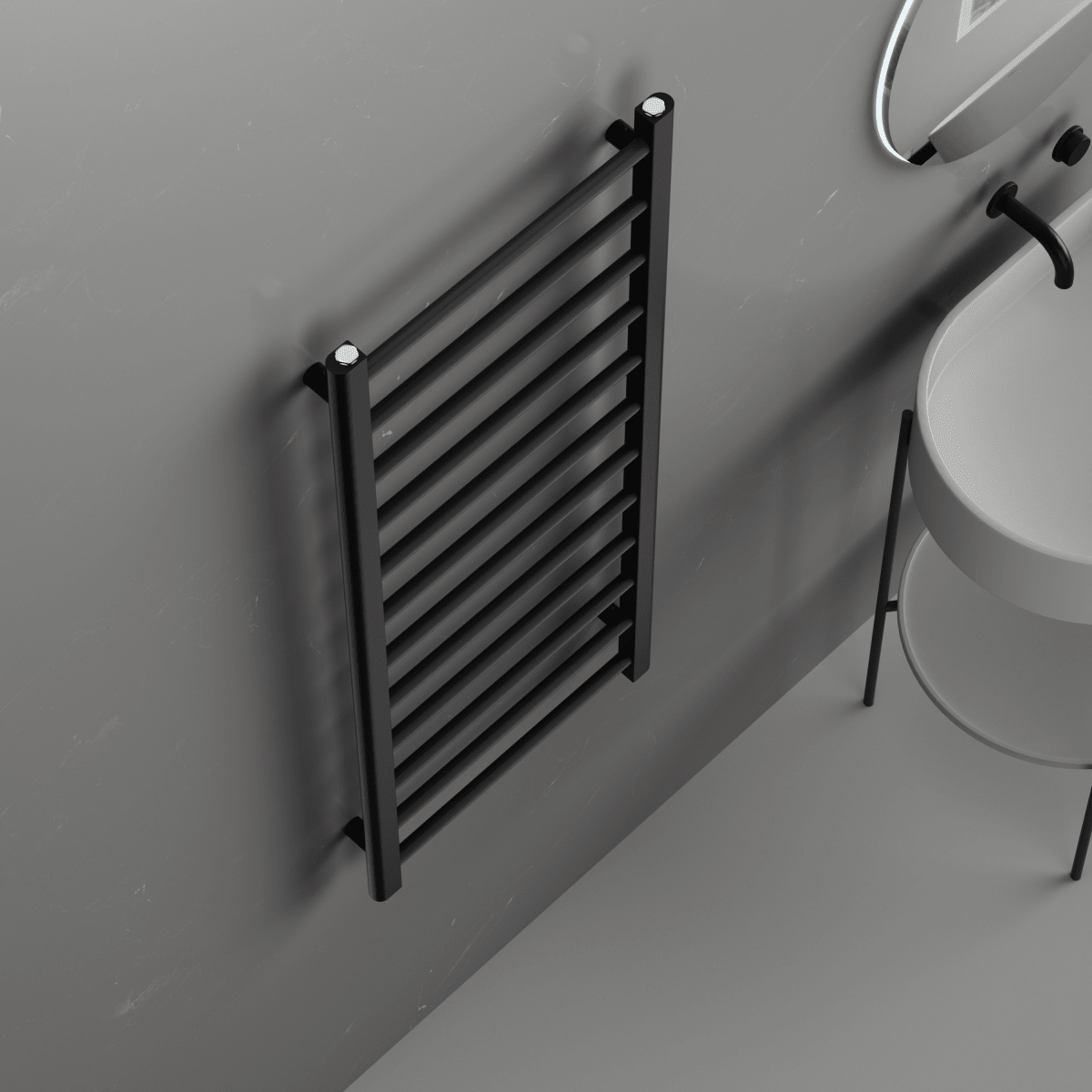 Rivena 1200x500mm Matt Black Heated Towel Rail – Slimline 12 Bar Ladder Radiator - TILES Paradise
