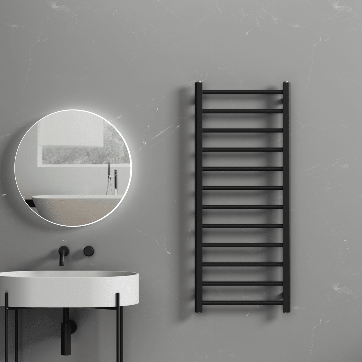 Rivena 1200x500mm Matt Black Heated Towel Rail – Slimline 12 Bar Ladder Radiator - TILES Paradise