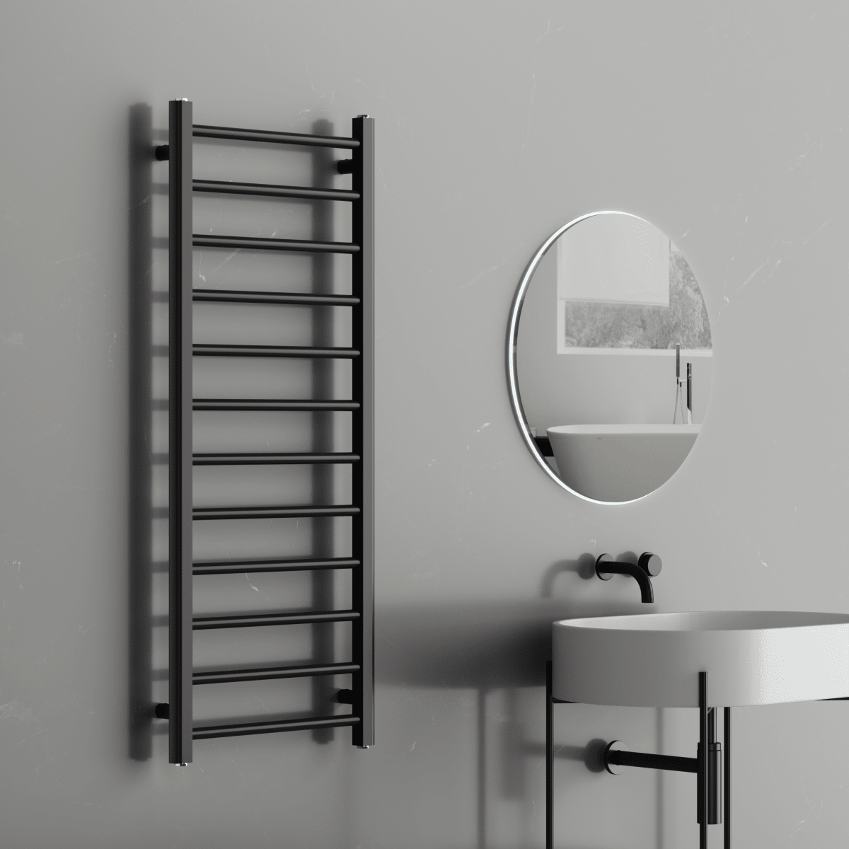 Rivena 1200x500mm Matt Black Heated Towel Rail – Slimline 12 Bar Ladder Radiator - TILES Paradise