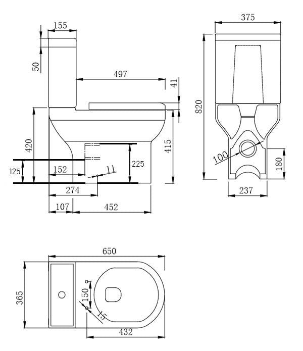 Round Rimless Comfort Height Close Coupled Toilet Open Back with Soft Close Seat – VARENO Range - TILES Paradise