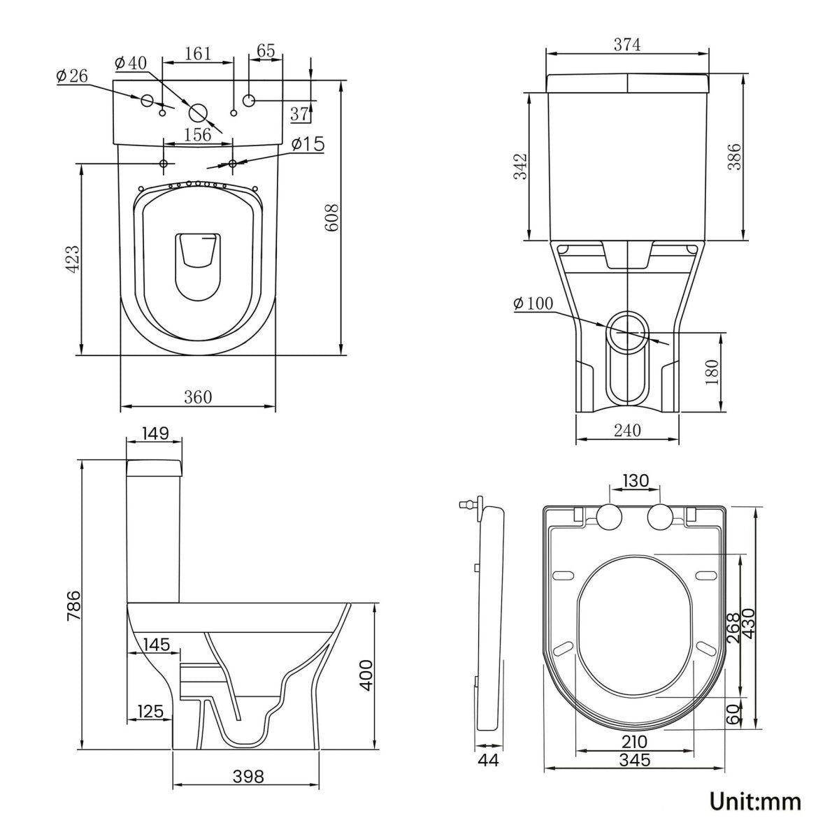 Round Rimless Fully Enclosed Close Coupled Toilet with Soft Close Seat – NOVERA Range - TILES Paradise