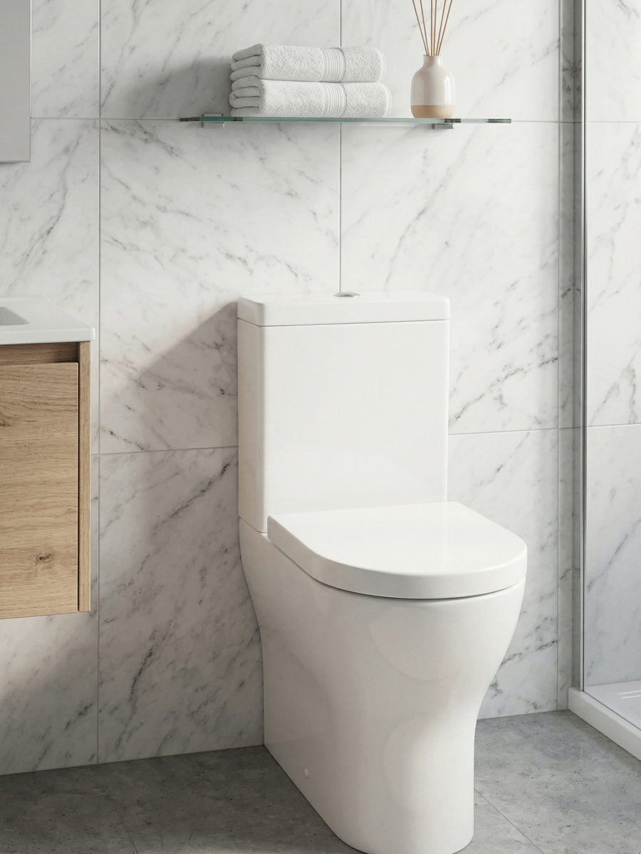 Round Rimless Fully Enclosed Close Coupled Toilet with Soft Close Seat – NOVERA Range - TILES Paradise