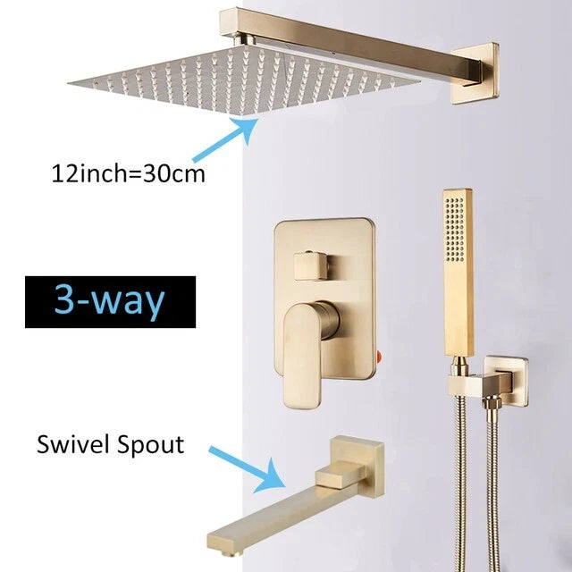 Aquari Gold Concealed Shower Set – 30cm Rainfall Head with Mixer Valve & Handheld Spray