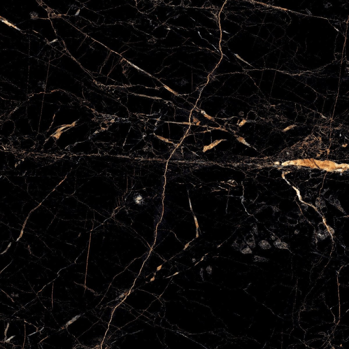 Black and gold marble effect porcelain tile 60x60cm with polished glossy surface and detailed natural veining