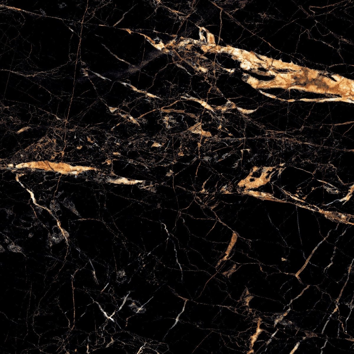 Black and gold marble effect porcelain tile 60x60cm with polished glossy finish and natural marble-like patterns
