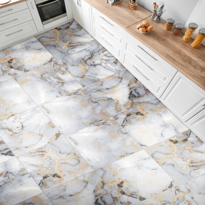 Sky White Gold Marble Effect Polished Porcelain 60x60cm Wall and Floor Tile - TILES Paradise