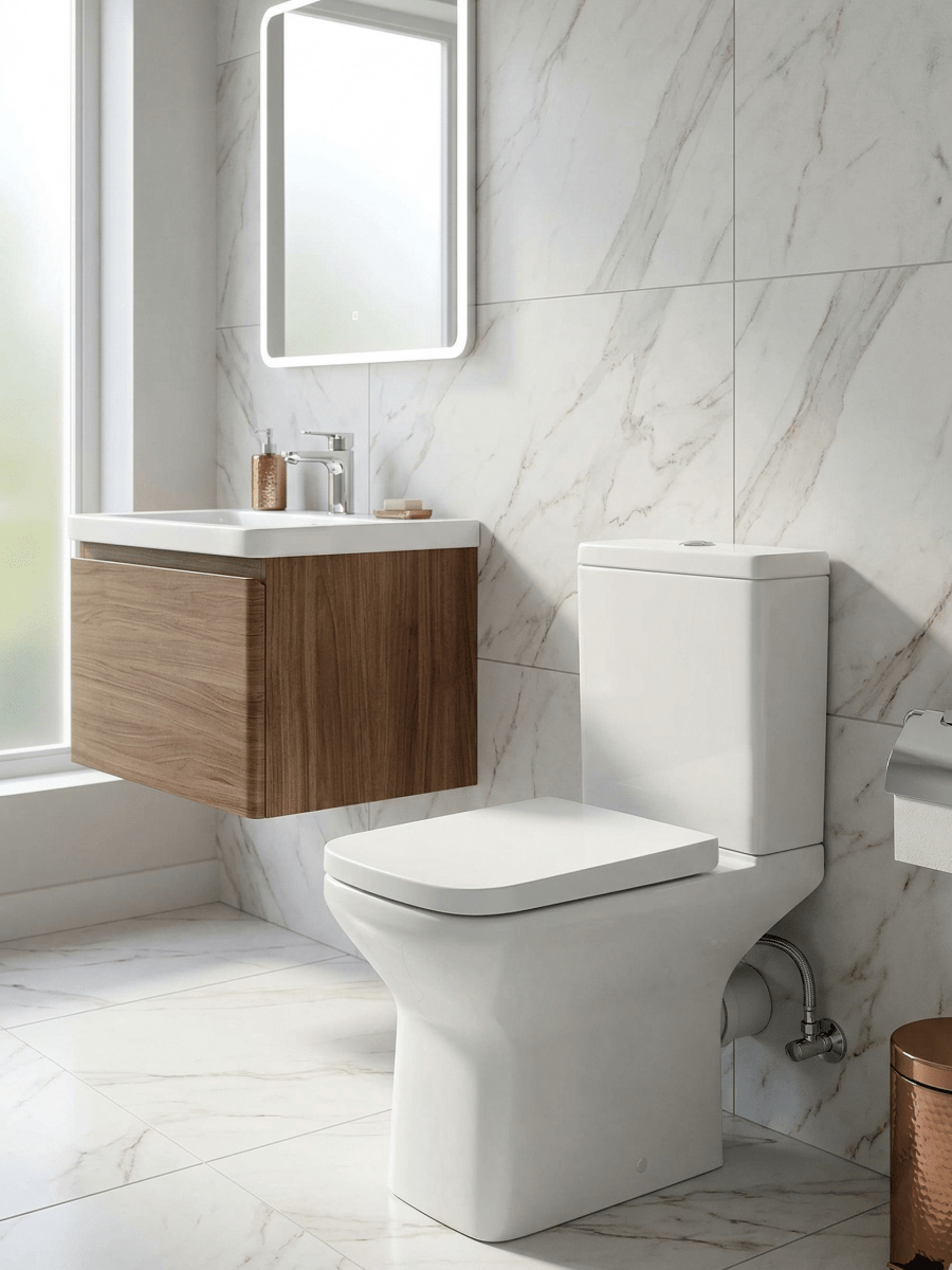 Square Comfort Height Rimless Close Coupled Toilet Open Back with Soft Close Seat – VELARO Range - TILES Paradise