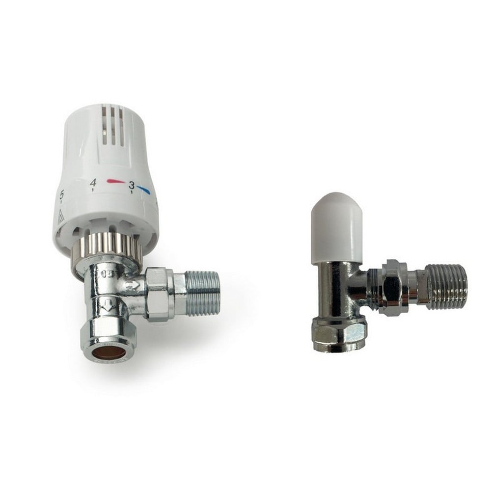 Thermostatic Radiator Valve (TRV) 15mm – White & Chrome – Angled TRV + Lockshield (Twin Pack)