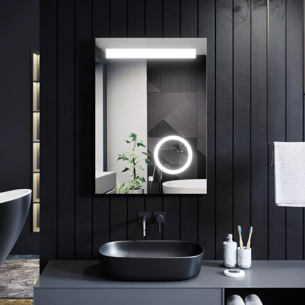 Velora 500x700mm LED Mirror with Magnifying Mirror – Tri - Colour Light, Dimmable, Shaver Socket, Touch Sensor - TILES Paradise