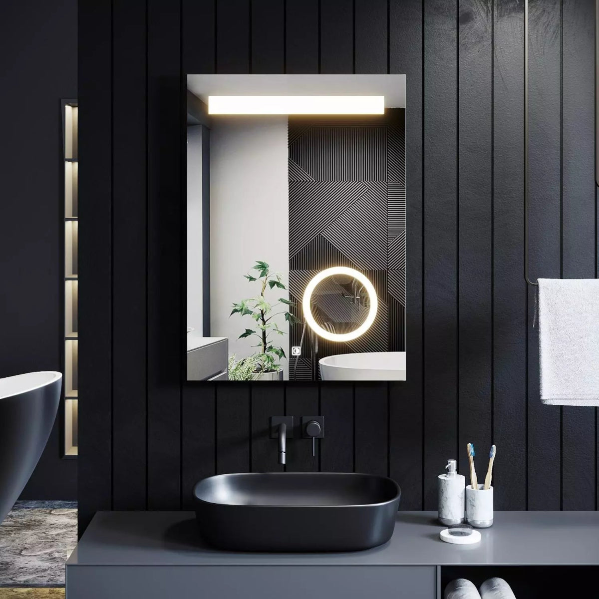 Velora 500x700mm LED Mirror with Magnifying Mirror – Tri - Colour Light, Dimmable, Shaver Socket, Touch Sensor - TILES Paradise