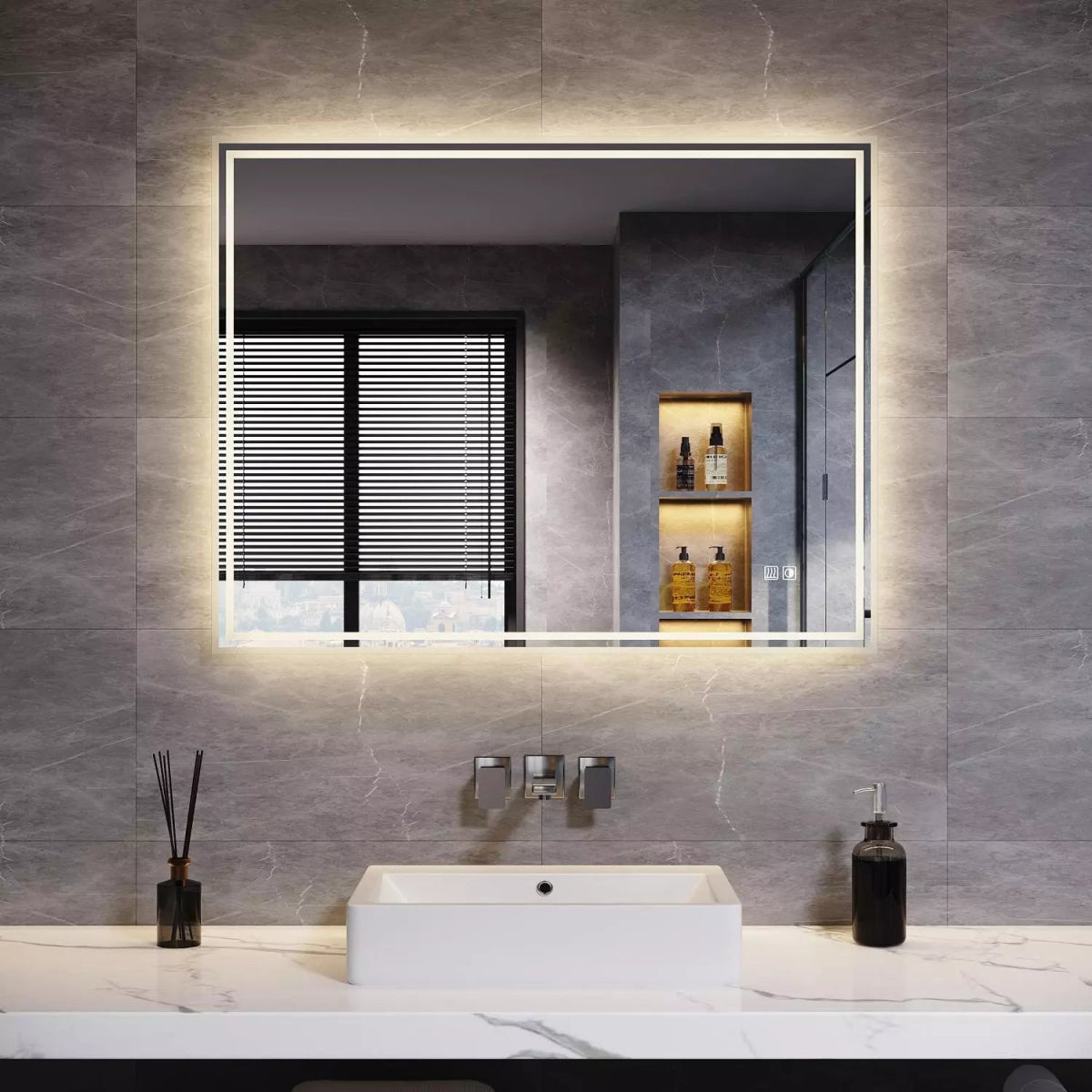 Velora Edge Glow LED Mirror – 600x500 / 900x700 / 1000x600mm, Tri - Colour Dimmable Light, Touch Sensor, Mains Powered - TILES Paradise