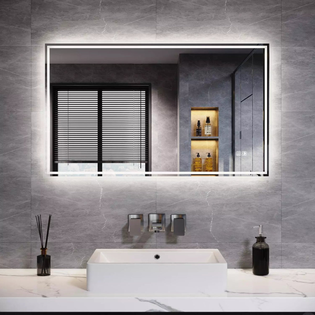 Velora Edge Glow LED Mirror – 600x500 / 900x700 / 1000x600mm, Tri - Colour Dimmable Light, Touch Sensor, Mains Powered - TILES Paradise