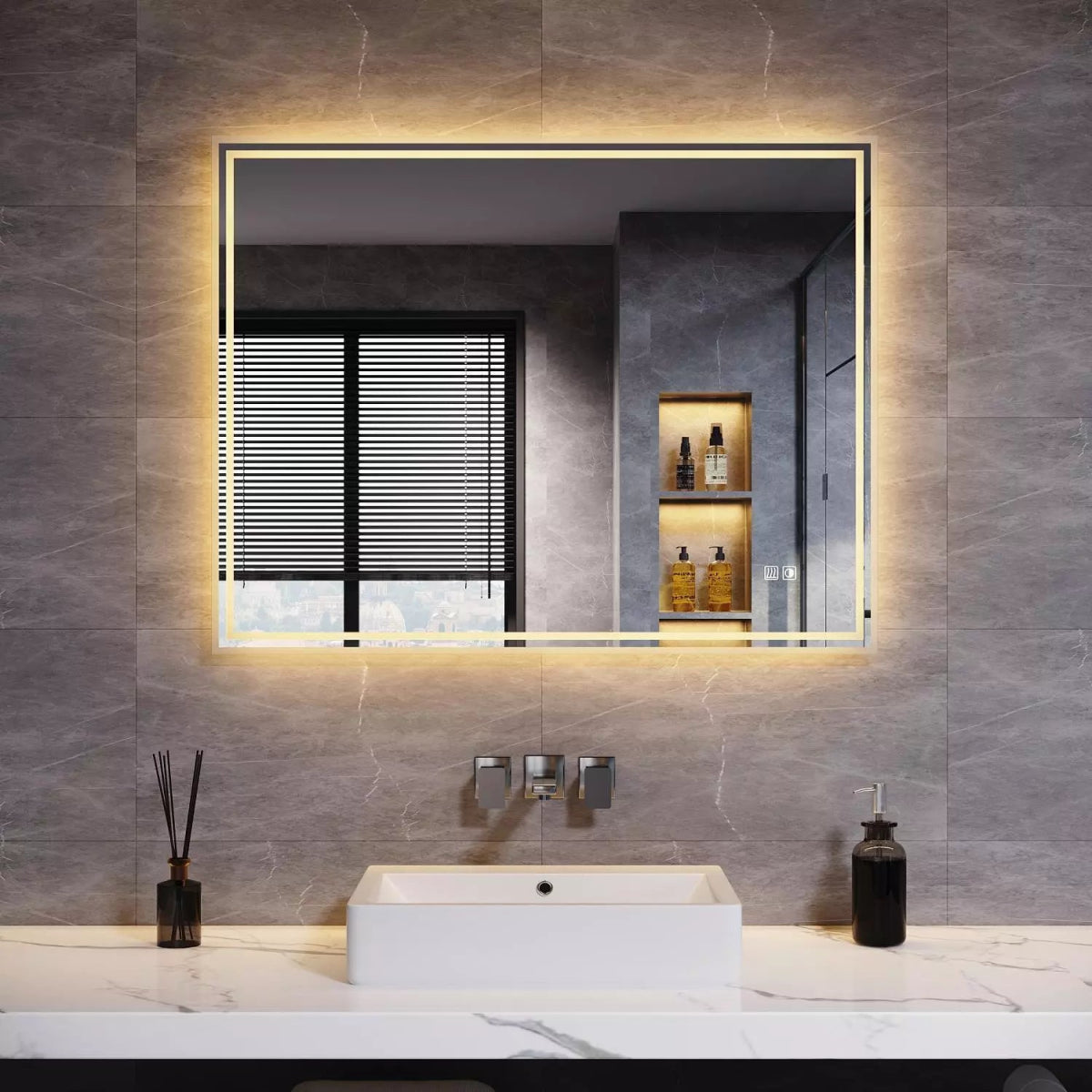 Velora Edge Glow LED Mirror – 600x500 / 900x700 / 1000x600mm, Tri - Colour Dimmable Light, Touch Sensor, Mains Powered - TILES Paradise