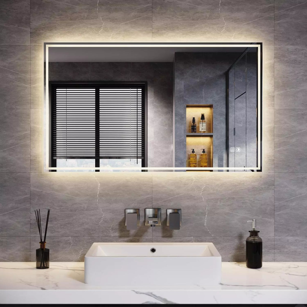 Velora Edge Glow LED Mirror – 600x500 / 900x700 / 1000x600mm, Tri - Colour Dimmable Light, Touch Sensor, Mains Powered - TILES Paradise