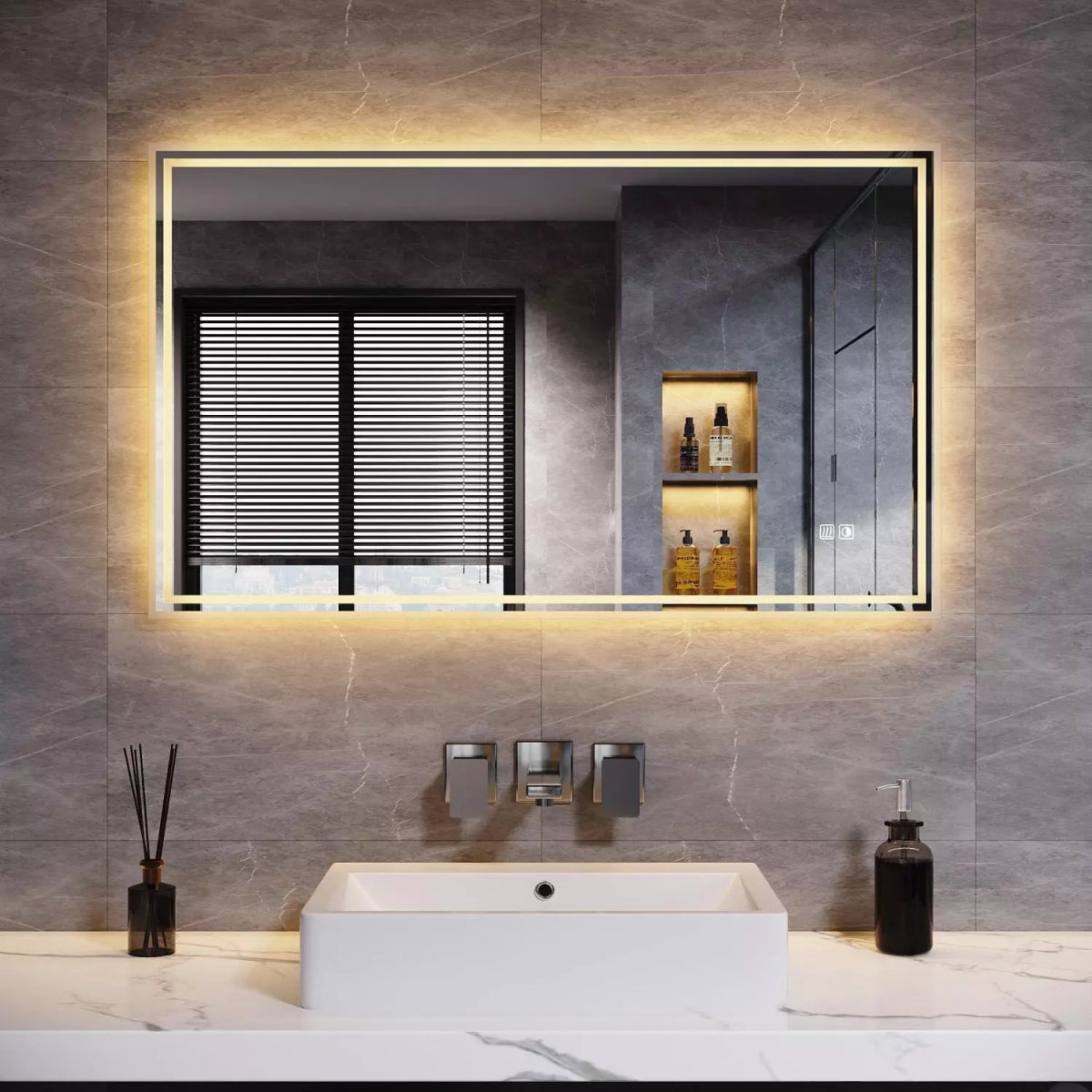 Velora Edge Glow LED Mirror – 600x500 / 900x700 / 1000x600mm, Tri - Colour Dimmable Light, Touch Sensor, Mains Powered - TILES Paradise